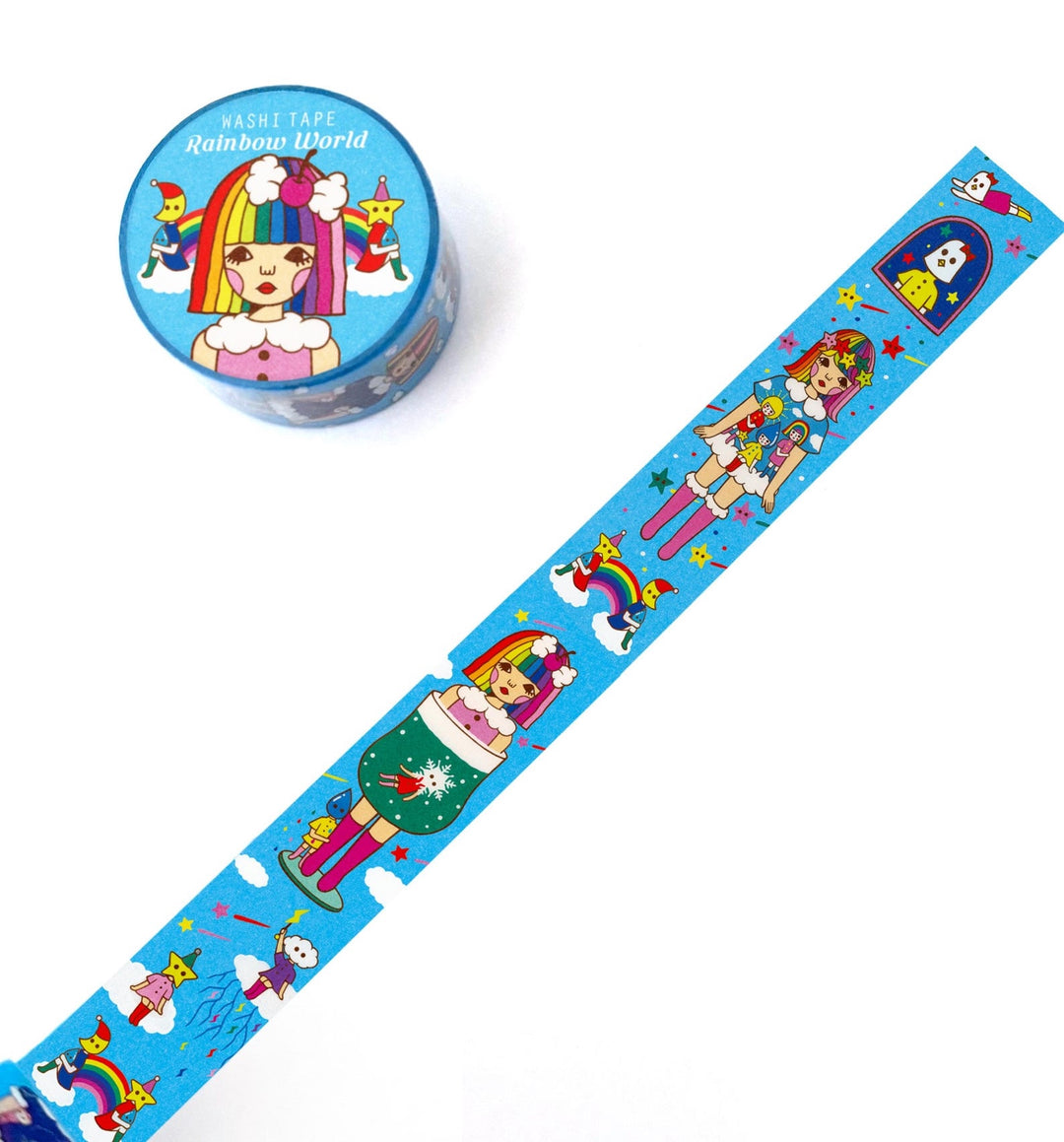 Colorful rainbow-themed washi tape with a cylindrical container on a white background.