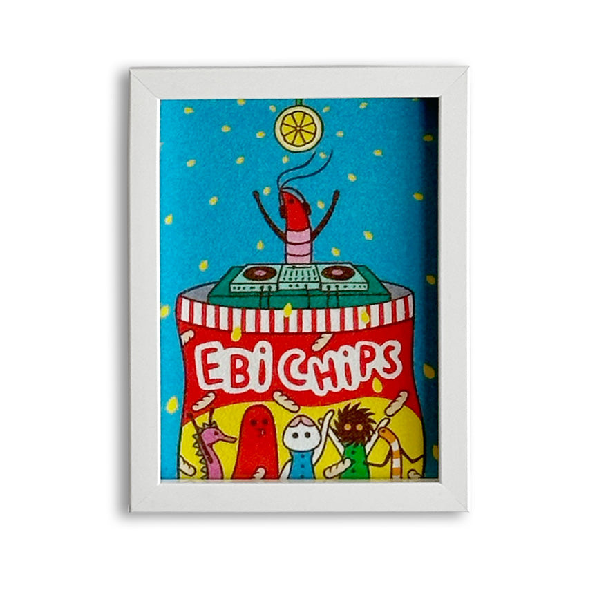 A framed art piece featuring a whimsical illustration of a red and white striped bag labeled "EBI CHIPS" an various creatures dancing on the front. A shrimp character in headphones is coming out of the bag behind a turn table and is dancing under a disco ball shaped like a lemon. The piece is in a white frame and shown against a white background.