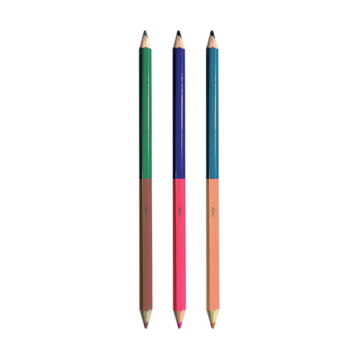 Three double-sided pencils on a white background.