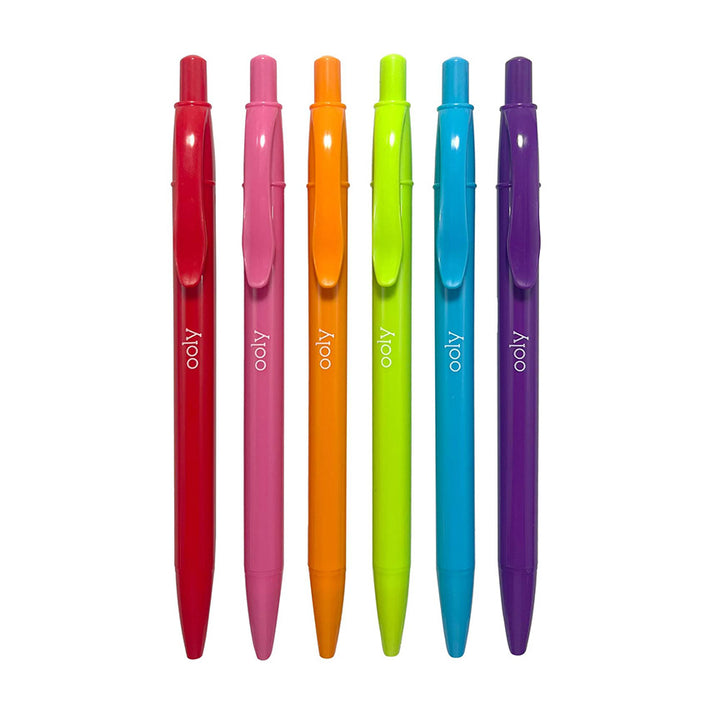 Set of six colorful pens with visible brand name on a white background.