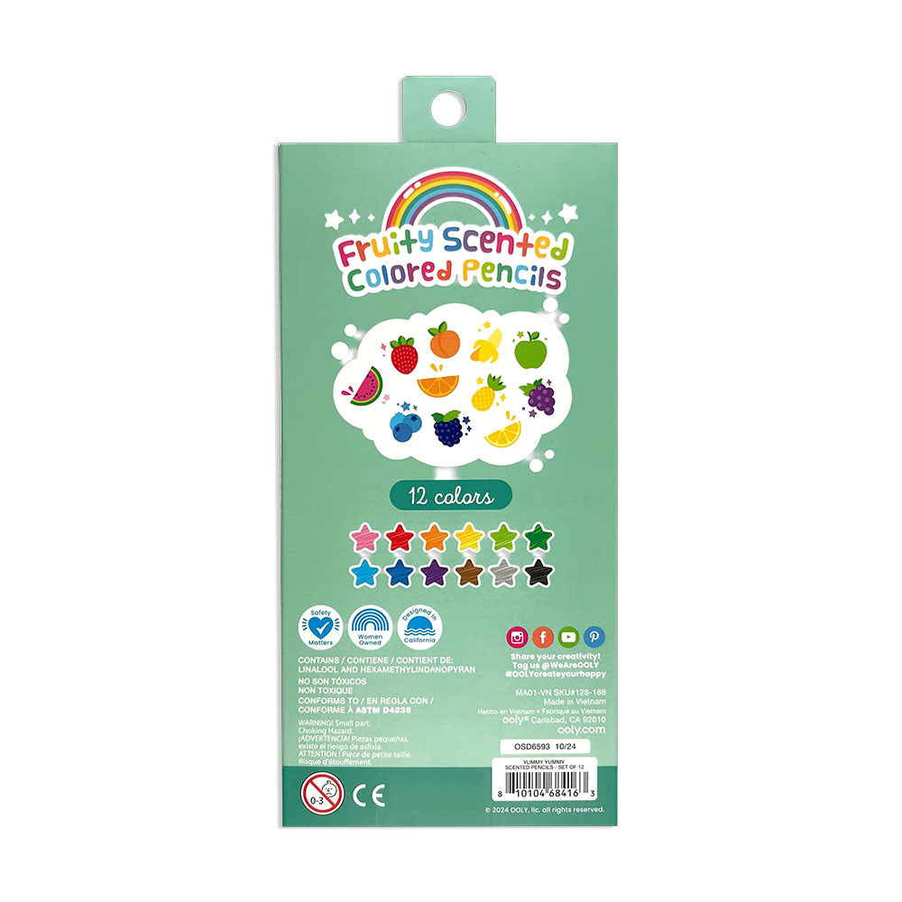 Packaging of Fruity Scented Colored Pencils with colorful illustrations on a green background.
