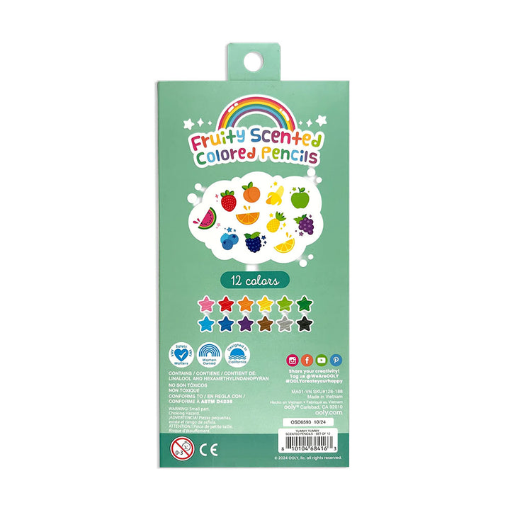 Packaging of Fruity Scented Colored Pencils with colorful illustrations on a green background.