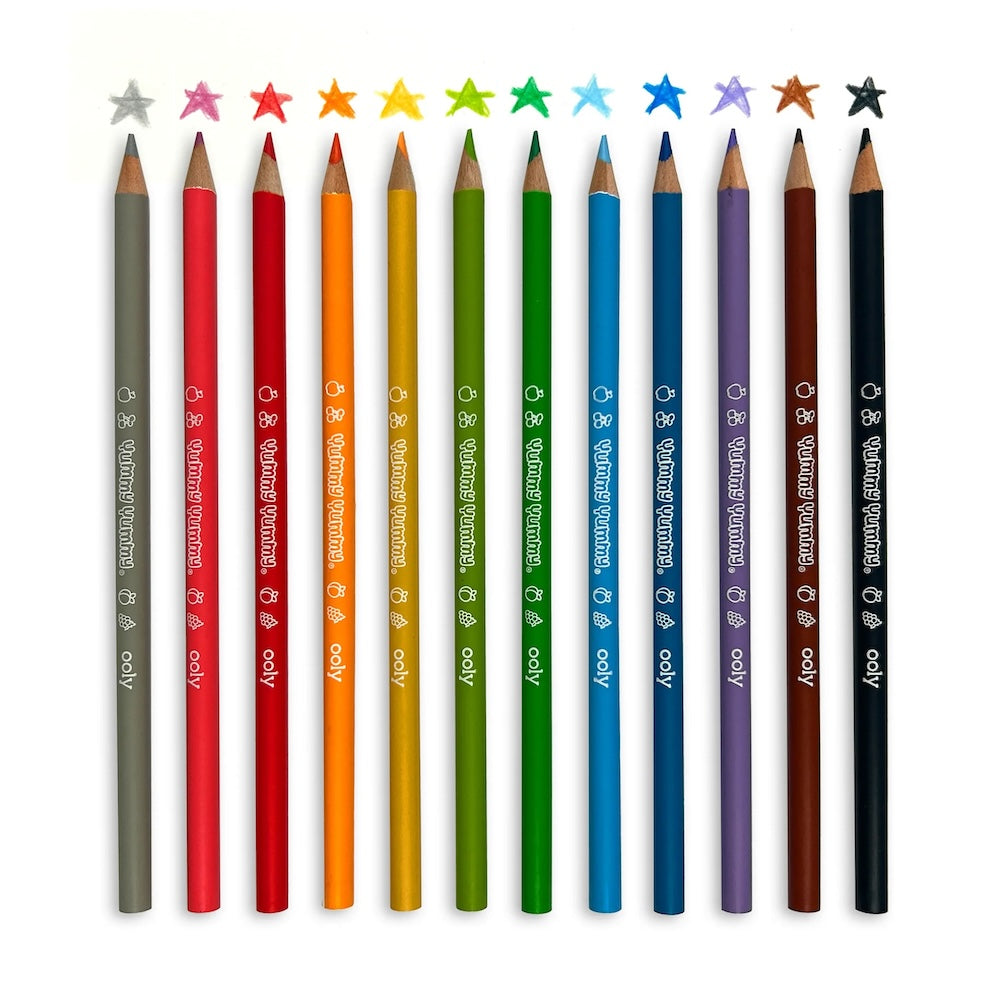 Set of colored pencils in various colors with a white background.