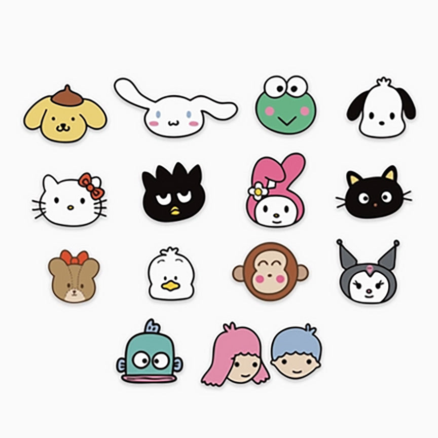 A set of 16 cute cartoon character sticker flakes arranged in a grid on a plain white background. The characters include Pompompurin, Cinnamoroll, a Kuropi, Hello Kitty, and more. 