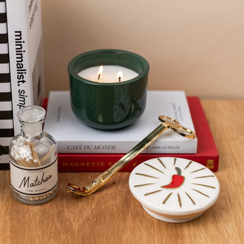 Charmed 8 oz Glass Candle with Embossed Lid (Chili): Chili Pepper & Mango