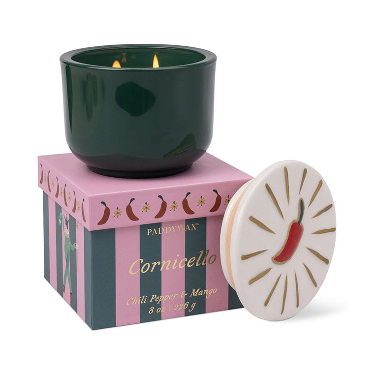 Charmed 8 oz Glass Candle with Embossed Lid (Chili): Chili Pepper & Mango