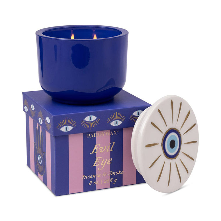 Charmed 8 oz Glass Candle with Embossed Lid (Evil Eye): Incense & Smoke
