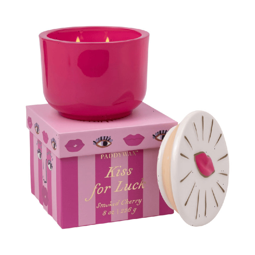 Charmed 8 oz Glass Candle with Embossed Lid (Lips): Smoked Cherry