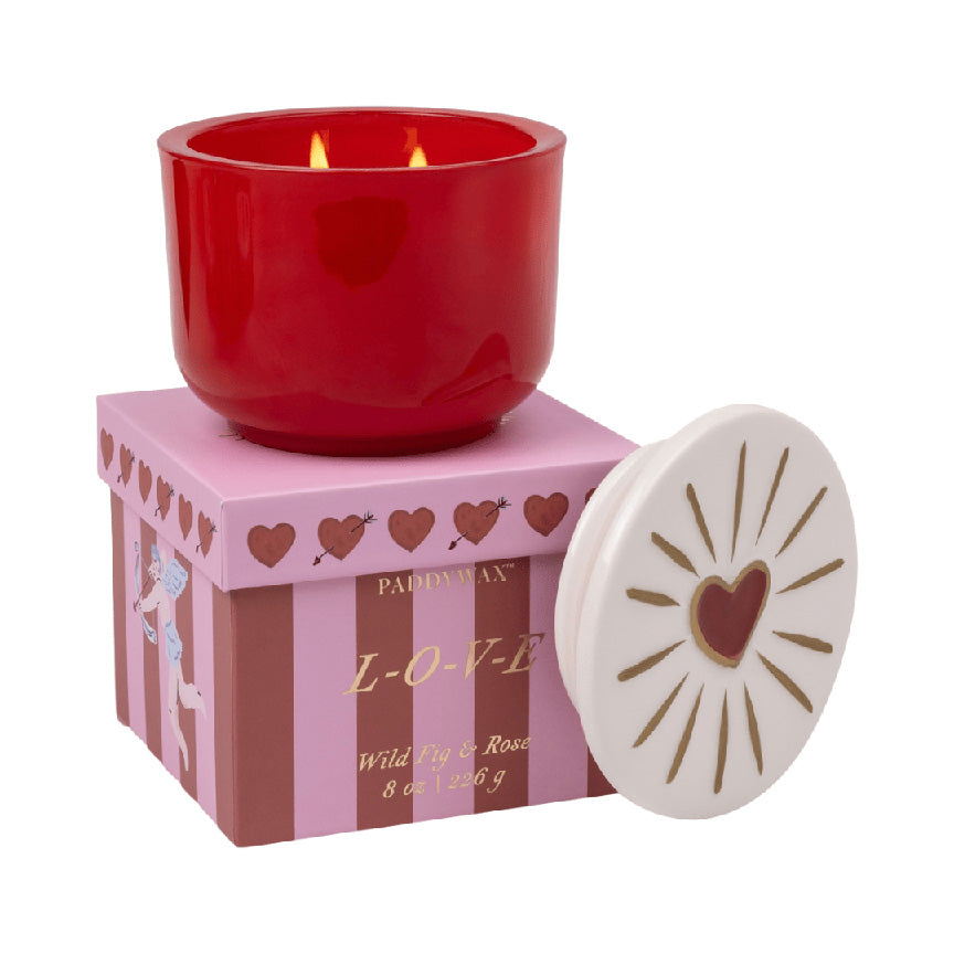 Charmed 8 oz Glass Candle with Embossed Lid (Heart): Wild Fig & Rose