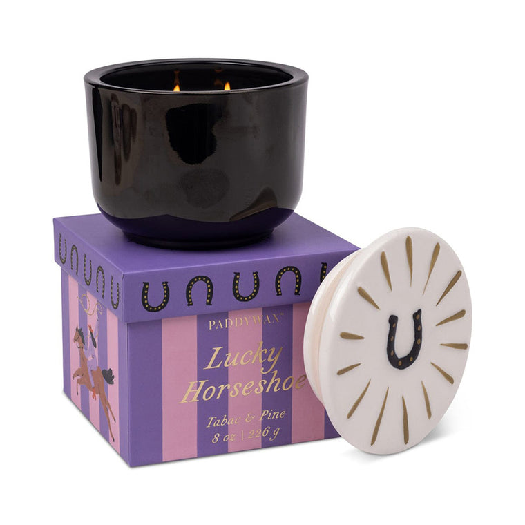 Charmed 8 oz Glass Candle with Embossed Lid (Horseshoe): Tabac & Pine