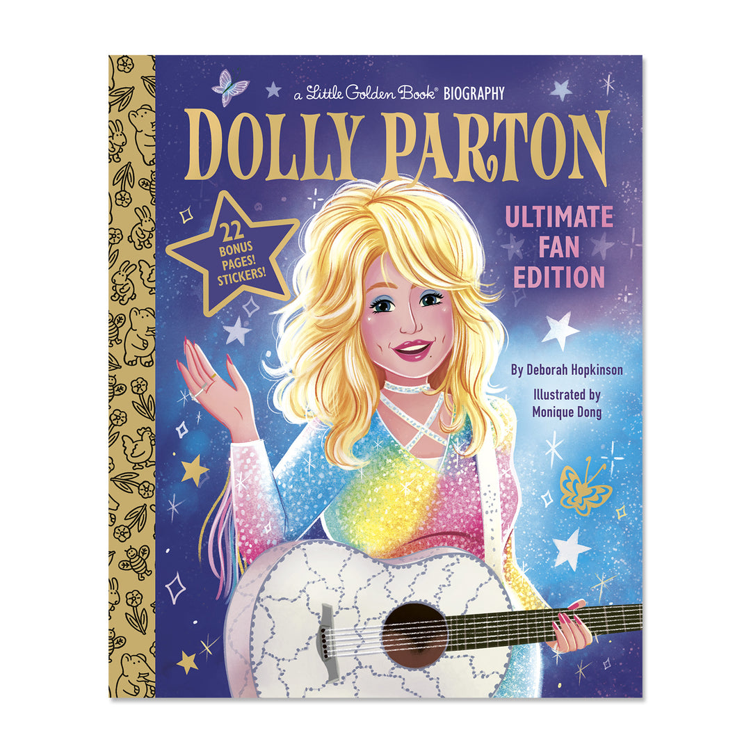 Cover of book featuring a colorful Illustration of Dolly Parton (blond woman with blue eye shadow) wearing a sparkly rainbow dress and holding a guitar on blue background.