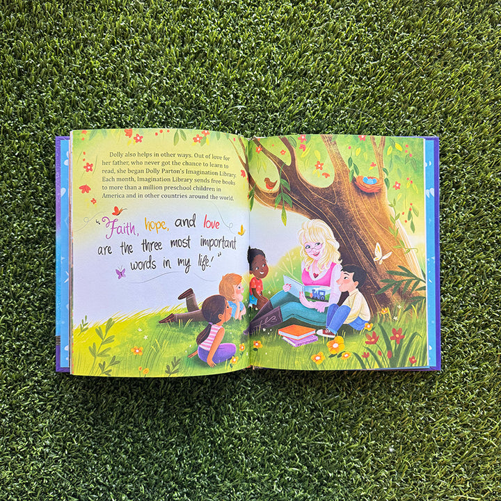 Open book featuring a page discussing Dolly Parton&