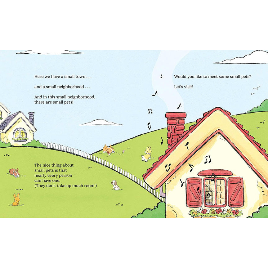 Inside page from book "small pets" depicting two houses on a green hillside, with bunnies and dogs playing on the hillside. Text reads: "Here we have small town... and a small neighborhood... and in this small neighborhood there are small pets!"