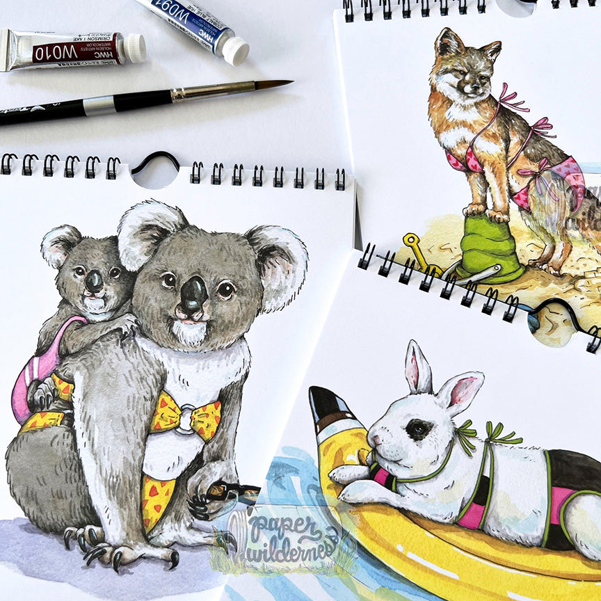 A collage of hand-drawn animal in swimsuit illustrations, including a koala wearing a yellow bikini, a fox in a pink bikini, and a rabbit in a banana-shaped floaty. 