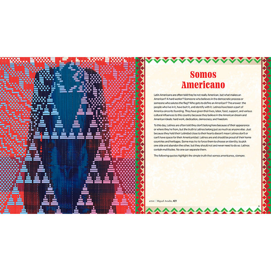 Open book page featuring a discussion on what it means to be American and Latin-American by Miguel Arzabe. Includes blue, purple, and red woven-style artwork. 