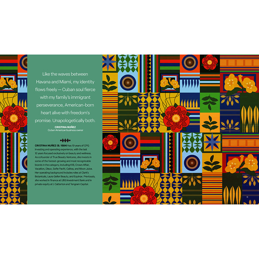 Open book page featuring a quote from Cristina Nuñez about being Cuban and Floridian. Includes tapestry-style artwork of stripes and flowers. 