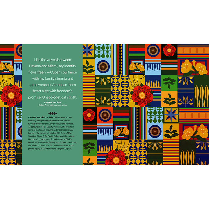 Open book page featuring a quote from Cristina Nuñez about being Cuban and Floridian. Includes tapestry-style artwork of stripes and flowers. 