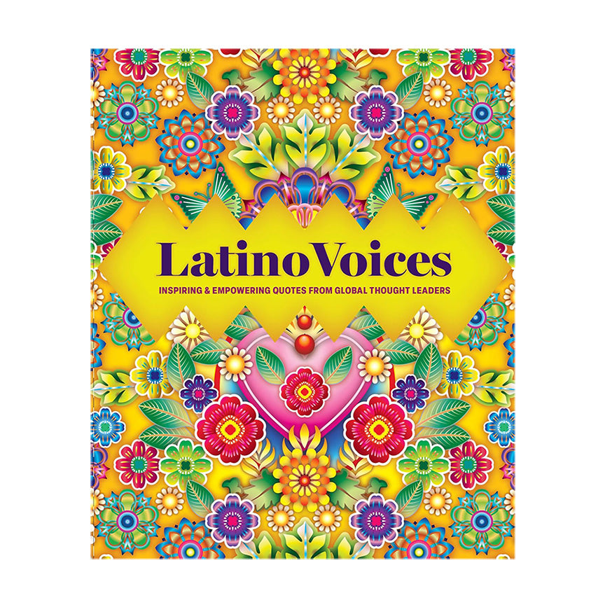 Book cover featuring a colorful flower mosaic with the title "Latino Voices"