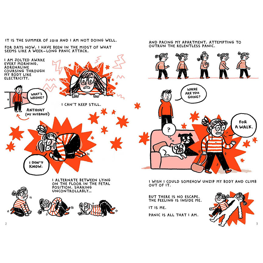 A multiple-panel comic strip printed on a white background, featuring a cartoon Gemma Correll experiencing a panic attack and expressing feelings of isolation and helplessness. The panels use black outlines, with red accents including clothing and starburst shapes. 