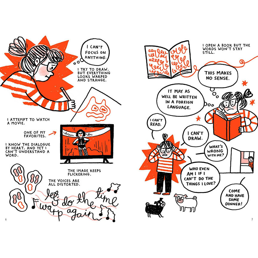 A multiple-panel comic strip printed on a white background, featuring a cartoon Gemma Correll experiencing lack of focus, distorted vision, and generally freaking out. The panels use black outlines, with red accents including clothing and starburst shapes. 