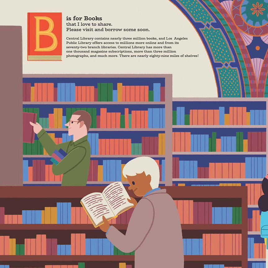 Inside page of book depicting library interior. Rows of books line shelves while two people read and peruse.  Text reads: "B is for Books that I love to share. Please visit or borrow some soon."