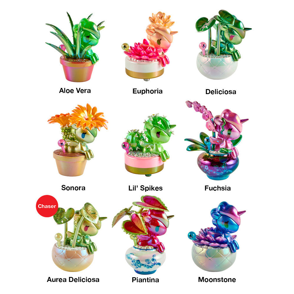 Picture of nine glossy plant figurines labeled Aloe Vera, Euphoria, Deliciosa, Sonora, Lil&