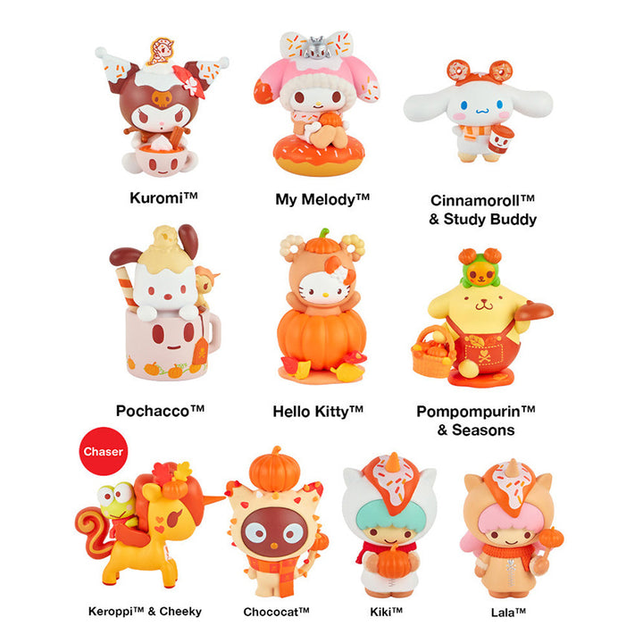 Ten different Pumpkin Spice Tokidoki character figures including Pochacco, Kuromi, Cinnamoroll, and more, all in different fall themes like pumpkins, latte&