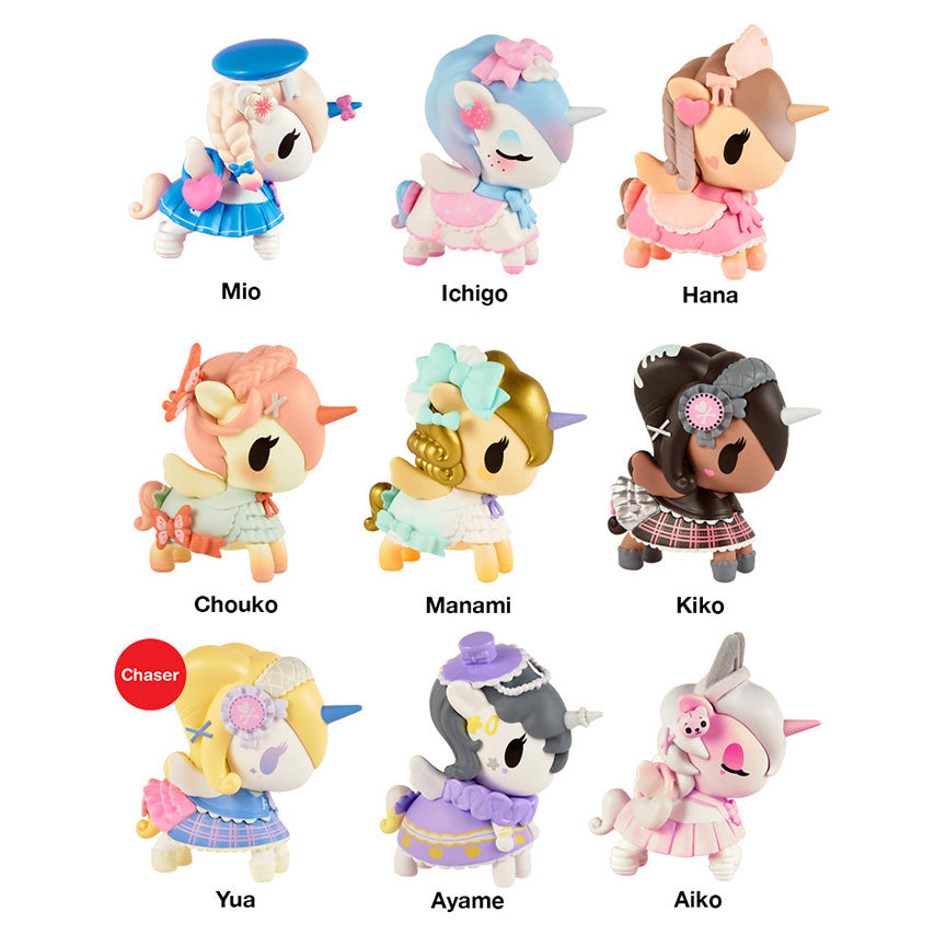 A picture of nine colorful toy unicorn figurines on a white background, each labeled with a name— Mio, Ichigo, Hana, Chouko, Manami, Kiko, Yua, Ayame, and Aiko.