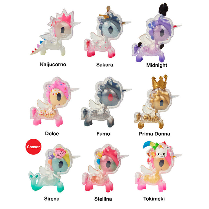 Nine Unicorno collectible figures each labeled with their name (Kaijucorno, Sakura, Midnight, Dolce, Fumo, Prima Donna, Sirena, Stellina, Tokimeki) inculding one special design nicorno called a chaser. Each figure has a clear outer shell so that you can see their colored skeleton on the inside. 