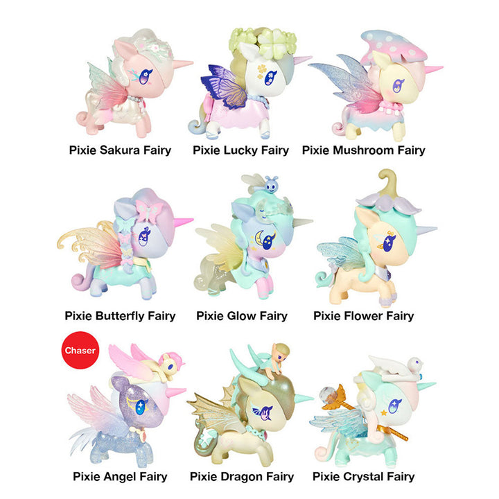 Nine different Pixie Dust Fairy Unicornos pictured with their names underneath. Different designs include things such as mushrooms, clovers, flowers, sparkles, and more. 