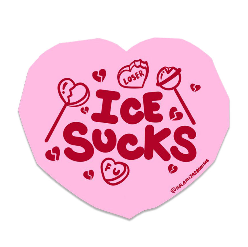 Heart-shaped pink sticker with red text 'ICE SUCKS' and graphics on a white background.