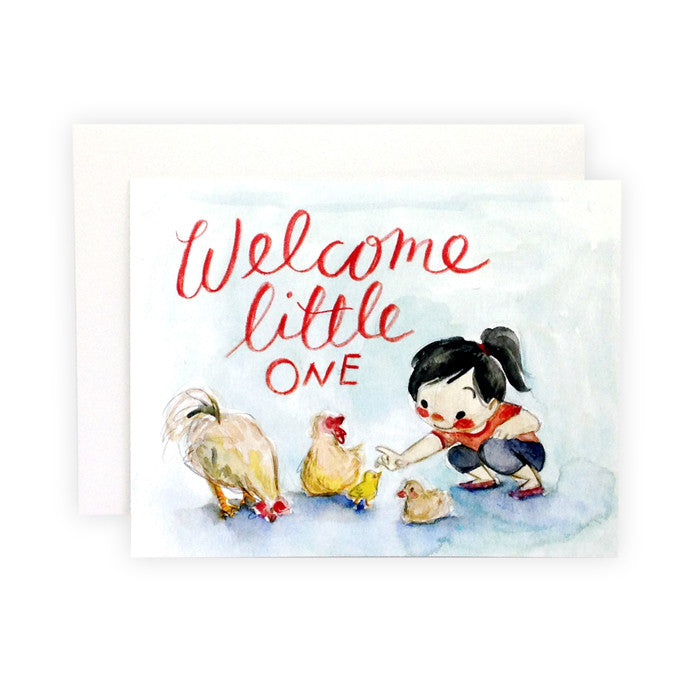 A greeting card with an illustration of a little girl greeting a rooster, hen, and two chicks with the text "Welcome Little One."