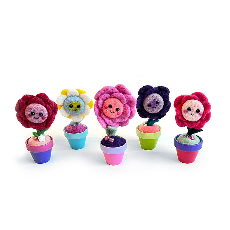 Aluminum Bunny: Assorted Needle Felted Potted Flowers