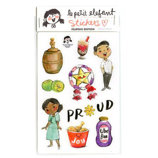 A sticker sheet featuring illustrations of Filipino foods and cultural objects, a well as a man and a woman in traditional Filipino clothing.