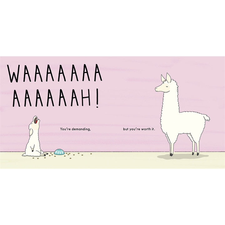 An illustration of a llama dealing with a screaming baby llama next to a spiled bowl of food.