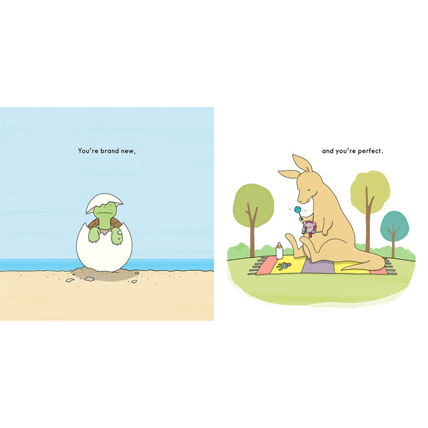 Two illustrations, one of a little turtle coming out of a shell, and the other of a mother kangaroo on a picnic blanket with a baby joey in her pouch.