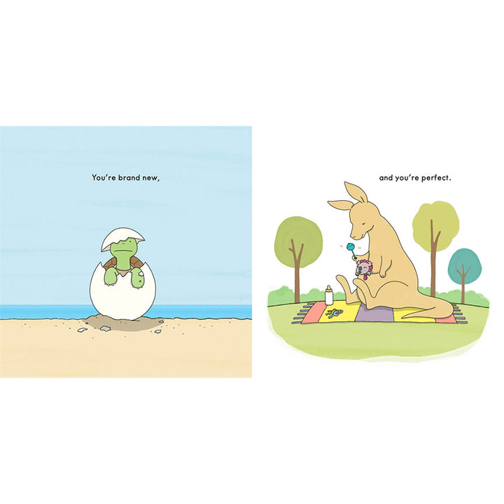 Two illustrations, one of a little turtle coming out of a shell, and the other of a mother kangaroo on a picnic blanket with a baby joey in her pouch.
