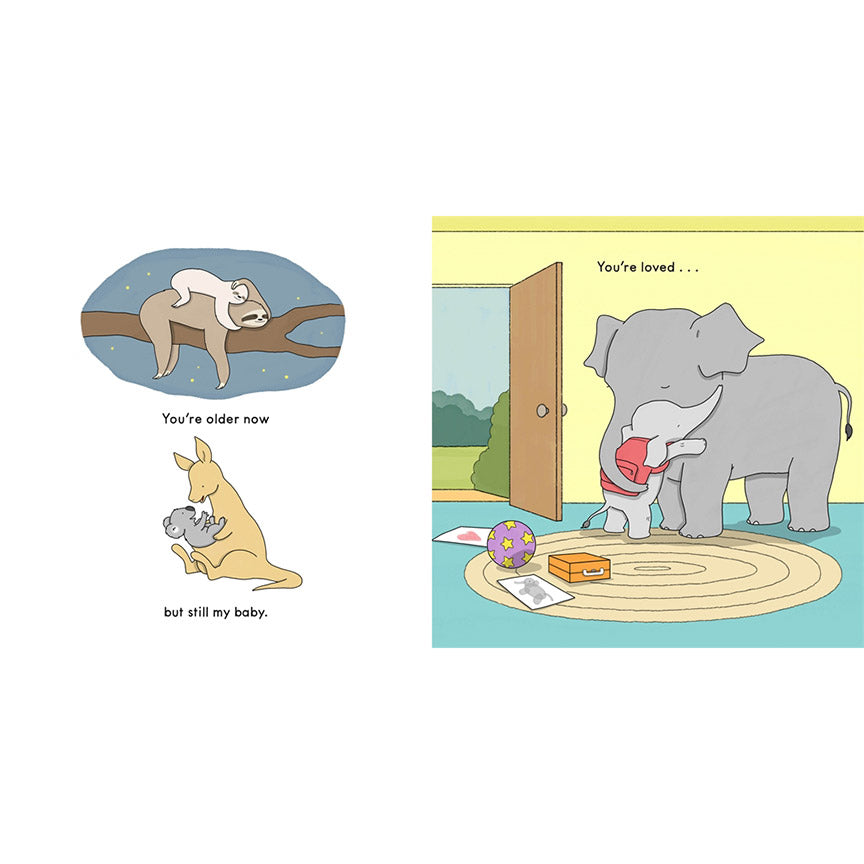 Three illustrations; one of a baby sloth laying on top of its parent, one of a kangaroo playing with a koala in its lap, and the third of an elephant hugging a baby elephant with a backpack on.