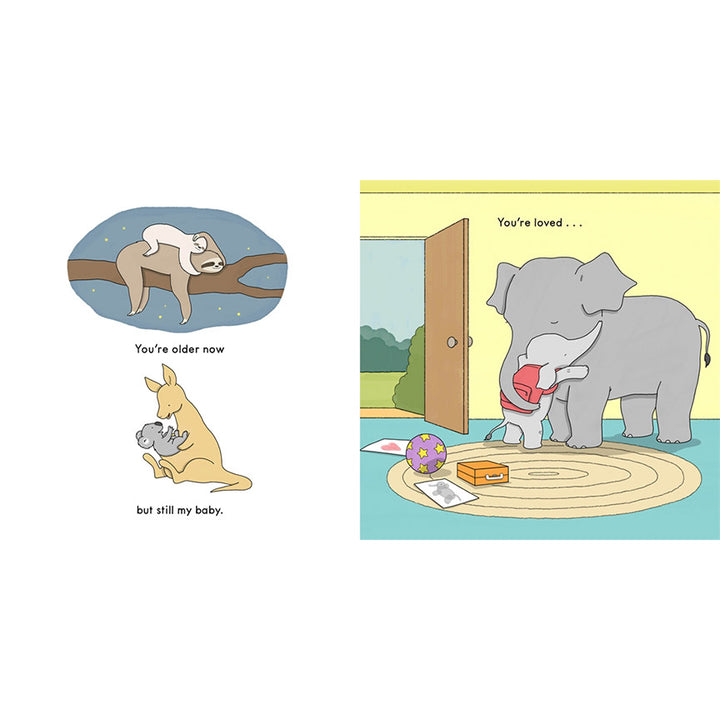 Three illustrations; one of a baby sloth laying on top of its parent, one of a kangaroo playing with a koala in its lap, and the third of an elephant hugging a baby elephant with a backpack on.