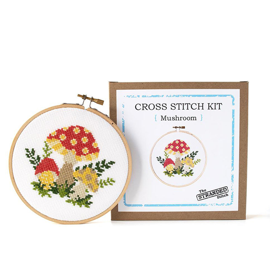 A cross-stitch kit called 'Mushroom' by The Stranded Stitch, displayed with the final product.